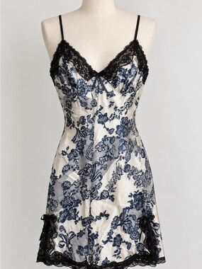 Floral Lace Trim Slip - Black, Blue & White